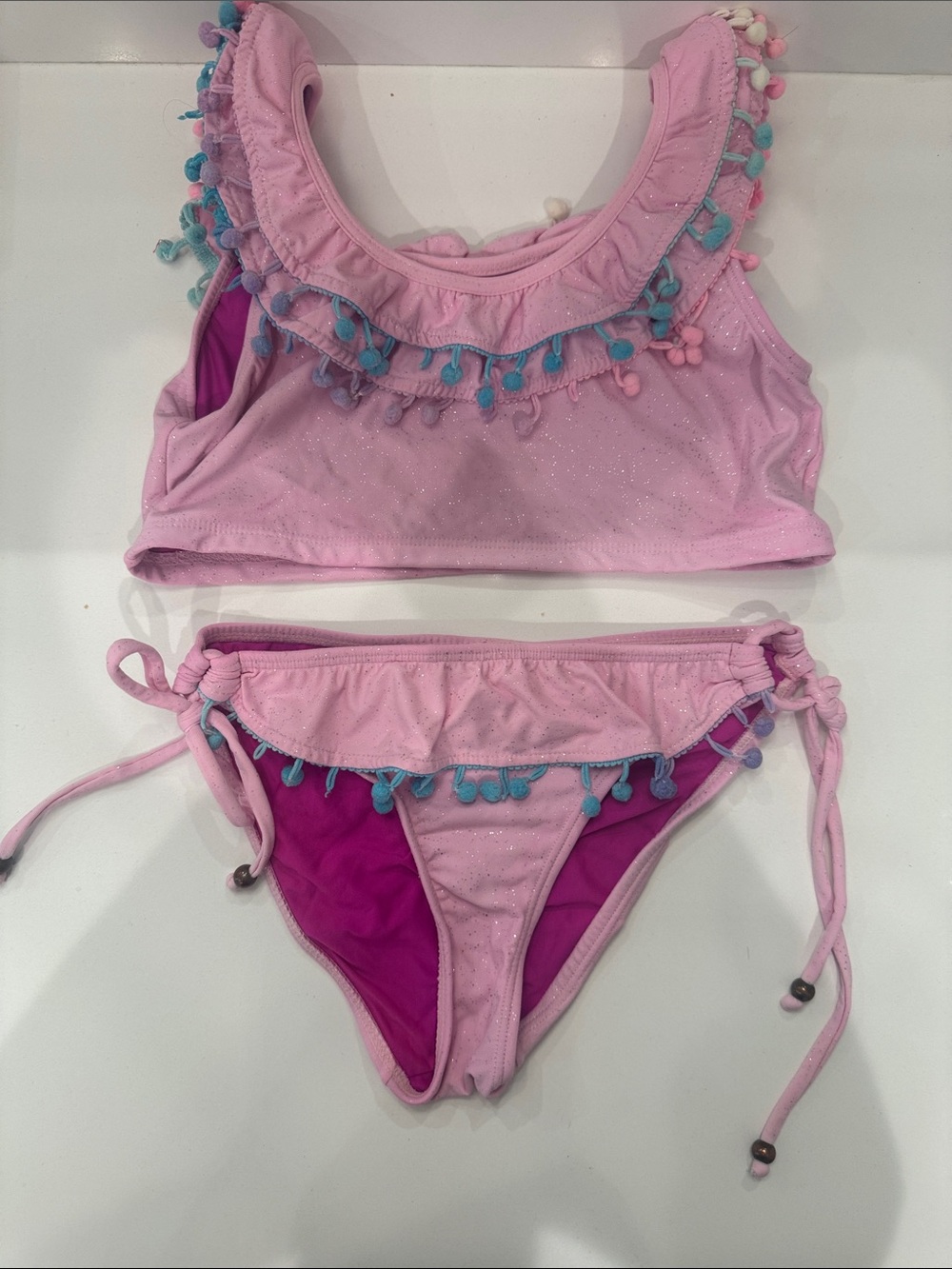 Pilyq Pink sparkle Swim Two-Piece with multi colored Pom Trim size 12